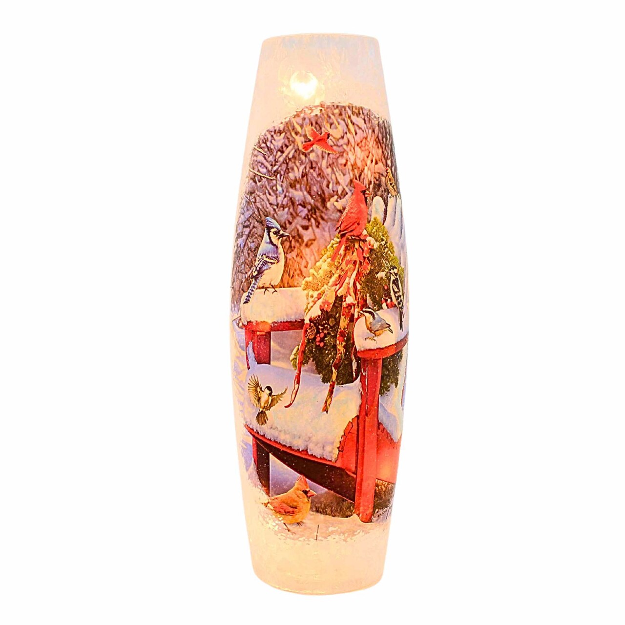 Stony Creek 11.75 In Winter Cardinals Pre-Lit Large Vase Christmas Lighted Glass Accent , Chair Feeder Branches